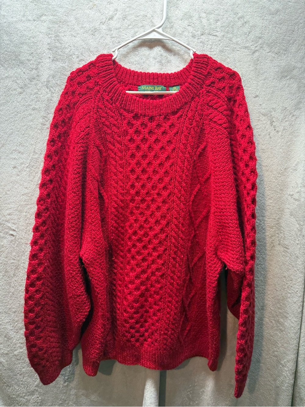 Vintage Maine Bay Hand Knit 100% Wool Red Cable Knit Fisherman Sweater XXL